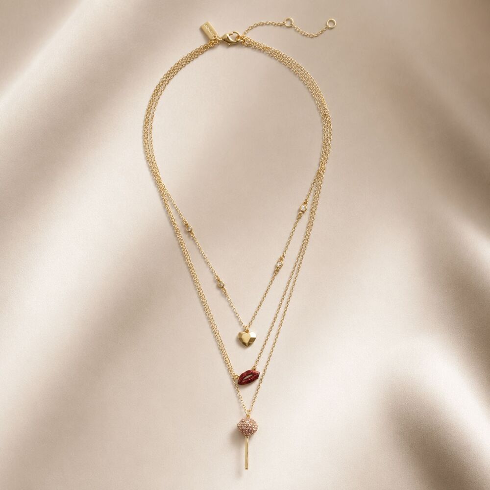 NEW Coach Gold Tone Layered Charm Necklace Heart Lips Lollipop Pendant Gift - Picture 5 of 5